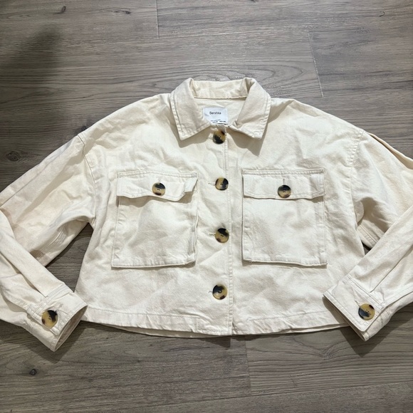 Bershka Women’s Sz M Ivory Canvas Jacket Pockets Buttons Classic Preppy Cropped - Picture 7 of 11